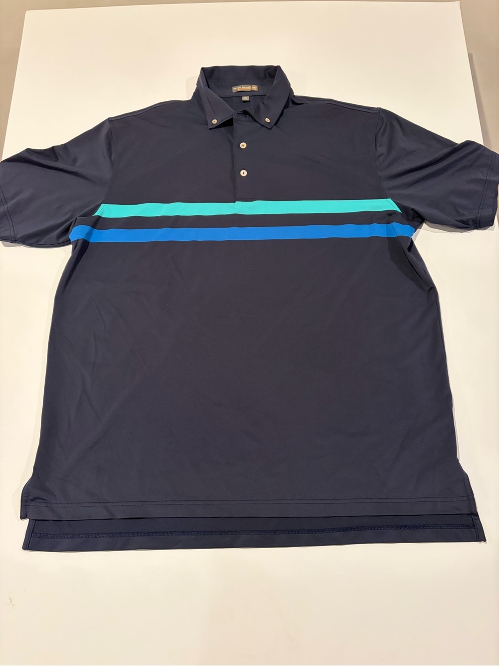 Peter Millar Navy Polo with Aqua and Royal Blue Chest Stripes